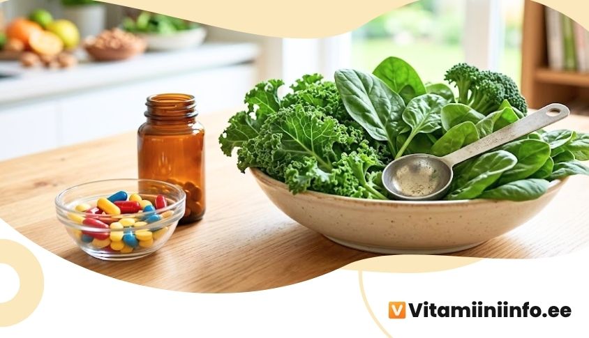 B12-vitamiini kapslid ja rohelised lehtköögiviljad laual, toitumisnõustamine ja energia