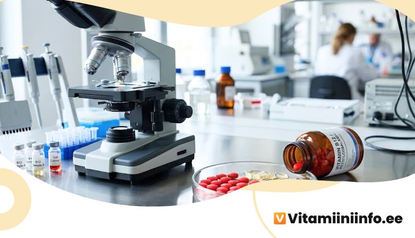 B12-vitamiini kapslid ja tabletid laboripinnal mikroskoobi kõrval, meditsiiniline uurimistöö