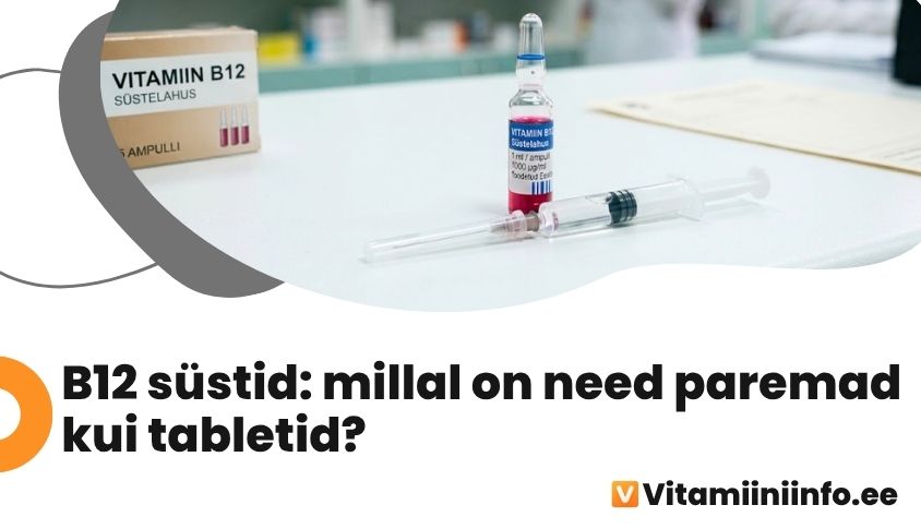 B12-vitamiini süstelahuse ampull ja süstal apteegilaual
