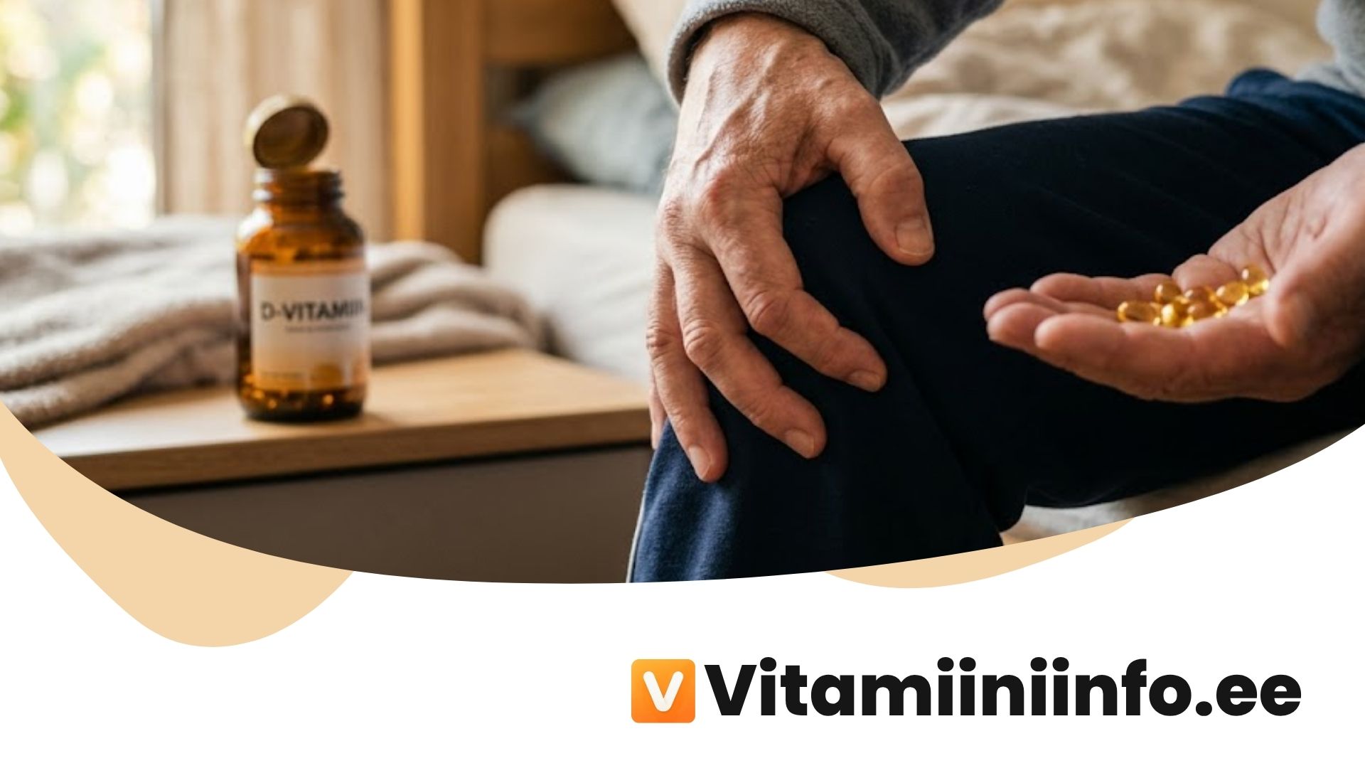 D-vitamiini kapslid ja käsi hoiab valutavat liigest — operatsioonijärgne valu uuring