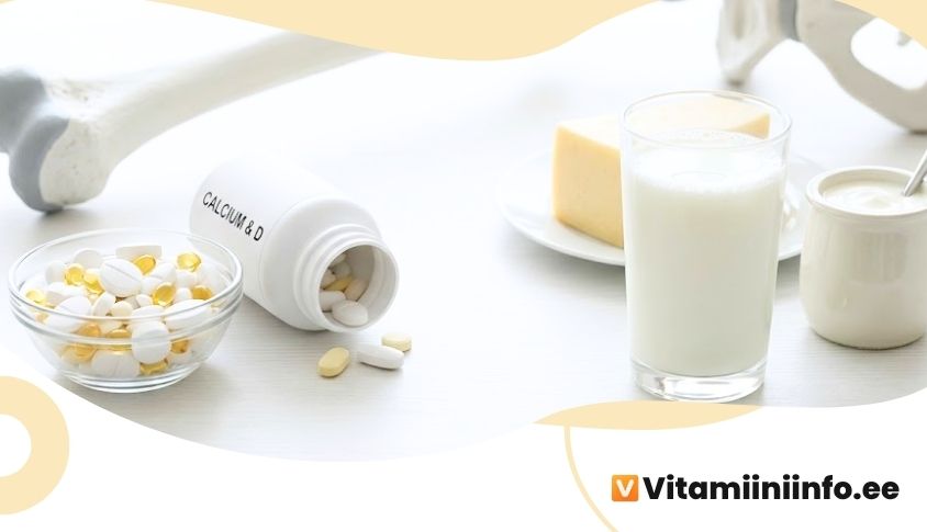 Kaltsiumi ja D-vitamiini toidulisandid tablettidena valgel taustal koos piimatoodetega, luude tervis