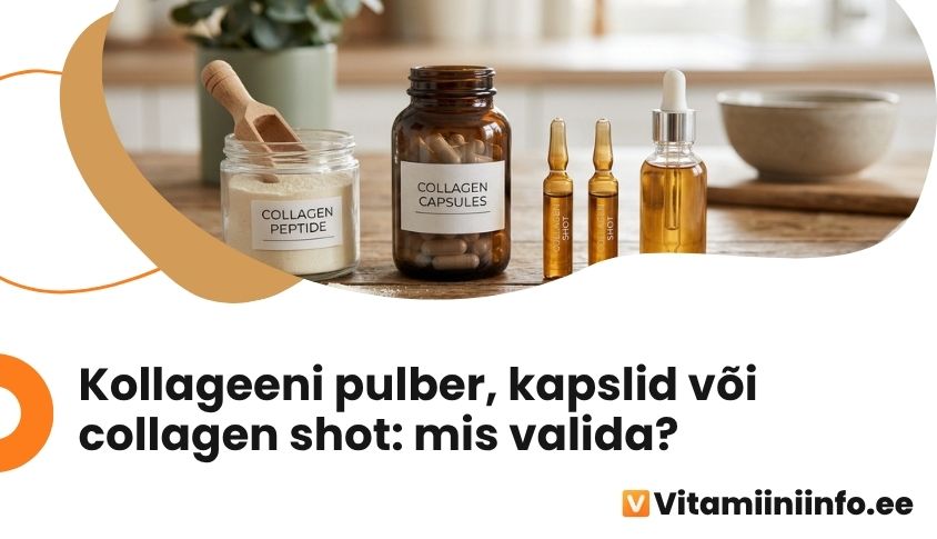 Kollageeni pulber, kapslid ja collagen shot ampullid laual