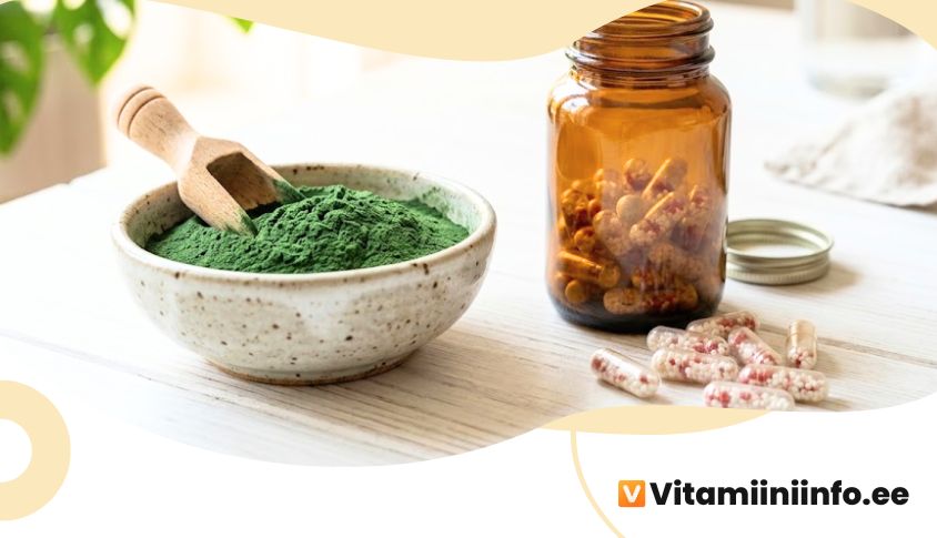 Roheline spirulina pulber kausis ja B12-vitamiini kapslid valgel laual, toidulisandid terviseks