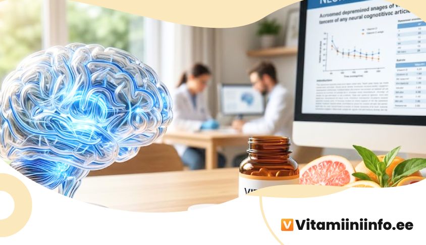 Vitamiinikapsli lähipilt koos värskete puuviljade ja ajutervise sümboliga laual
