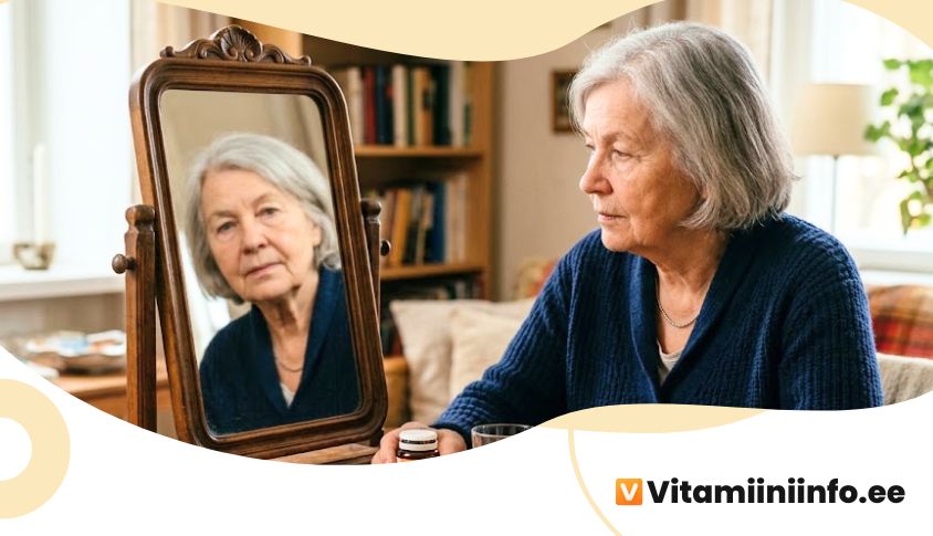 Eakas inimene peegeldub peegli ees, vitamiinitabletid laual, tervise kontroll